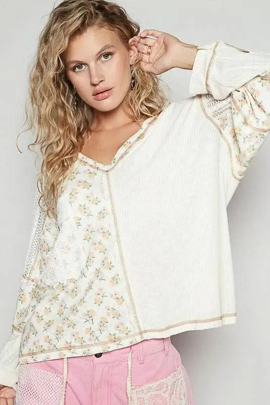 POL Floral Crochet Patch V - Neck Top - Sleekdenim.com