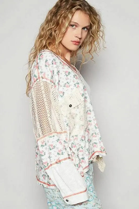 POL Floral Crochet Patch V - Neck Top - Sleekdenim.com