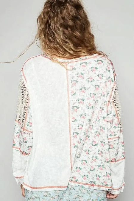 POL Floral Crochet Patch V - Neck Top - Sleekdenim.com