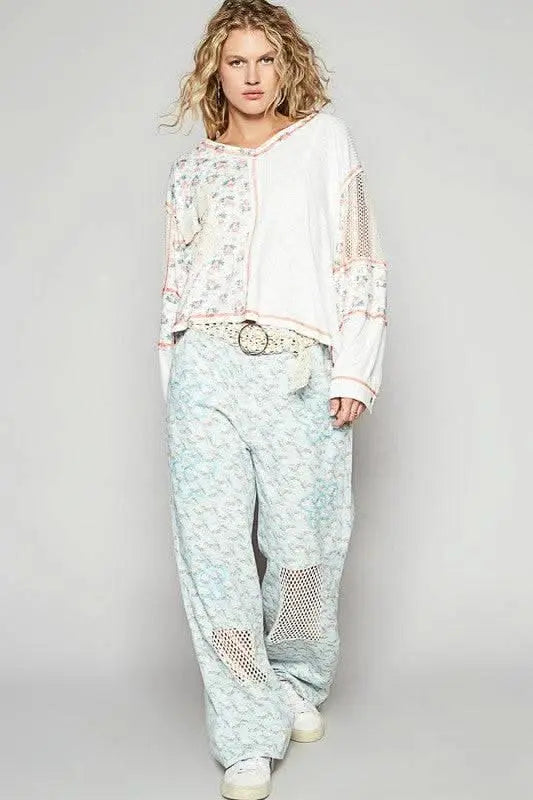 POL Floral Crochet Patch V - Neck Top - Sleekdenim.com