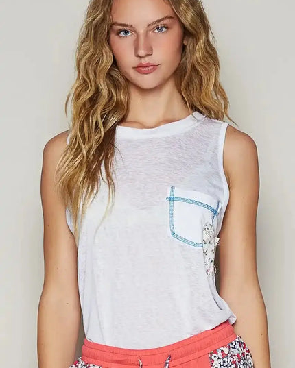 POL Floral Detail Pocket Patch Tank Top - Sleekdenim.com