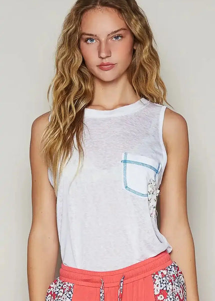 POL Floral Detail Pocket Patch Tank Top - Sleekdenim.com
