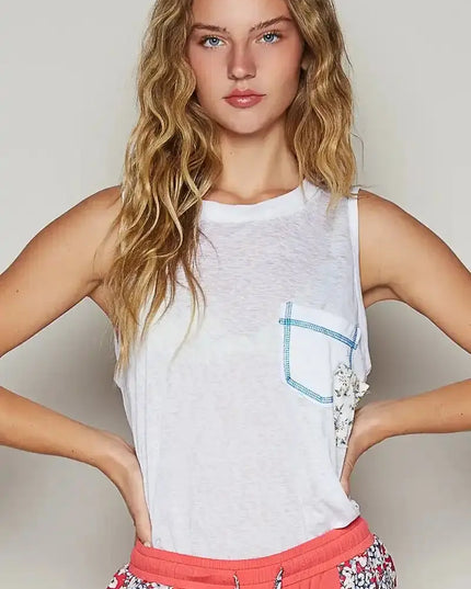 POL Floral Detail Pocket Patch Tank Top - Sleekdenim.com