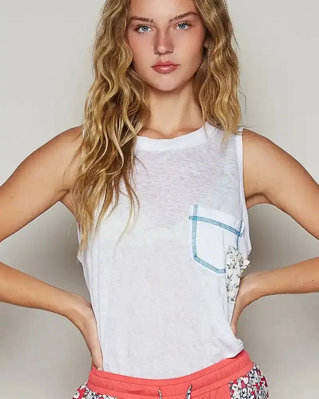 POL Floral Detail Pocket Patch Tank Top - Sleekdenim.com