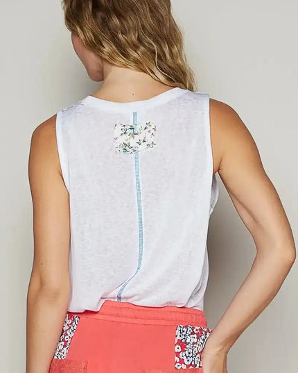 POL Floral Detail Pocket Patch Tank Top - Sleekdenim.com
