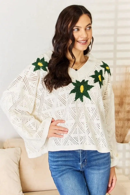 POL Floral Embroidered Pattern V - Neck Sweater - Sleekdenim.com