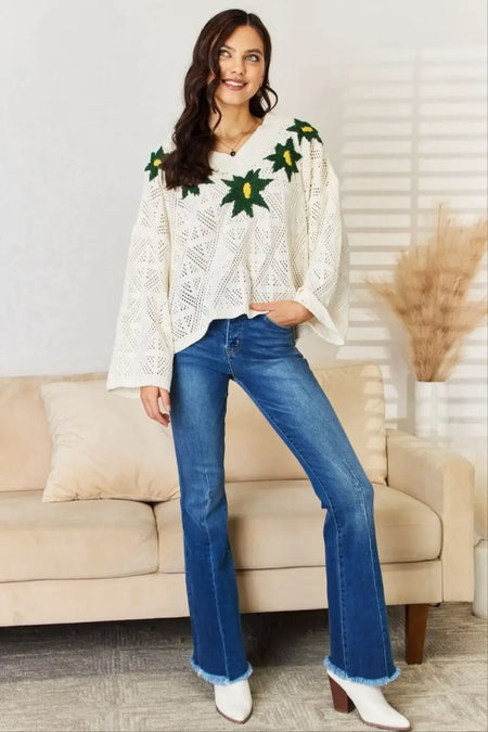 POL Floral Embroidered Pattern V - Neck Sweater - Sleekdenim.com