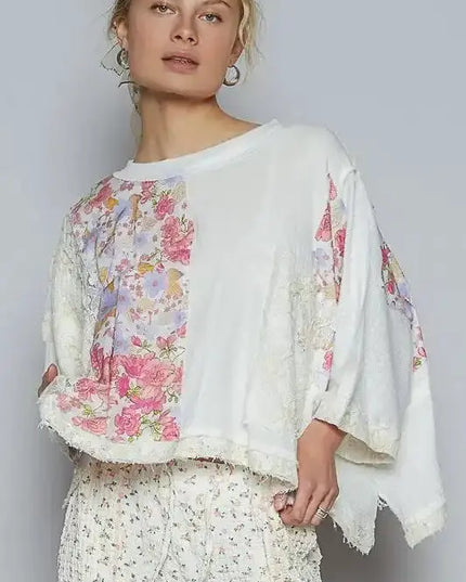 POL Floral Lace Patch Round Neck Double Gauze Top - Sleekdenim.com