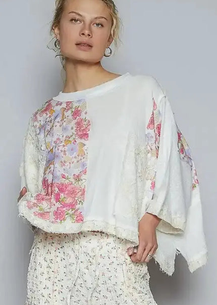 POL Floral Lace Patch Round Neck Double Gauze Top - Sleekdenim.com