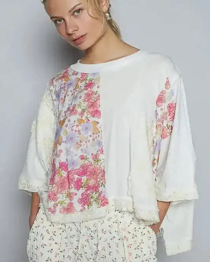 POL Floral Lace Patch Round Neck Double Gauze Top - Sleekdenim.com