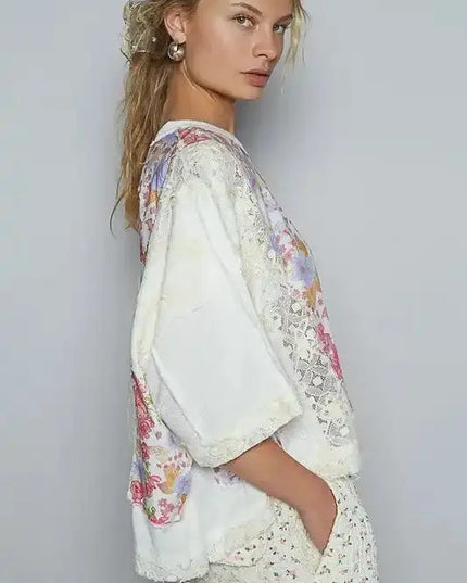 POL Floral Lace Patch Round Neck Double Gauze Top - Sleekdenim.com