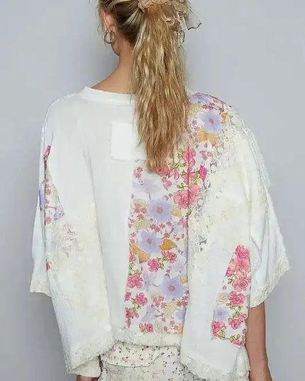 POL Floral Lace Patch Round Neck Double Gauze Top - Sleekdenim.com