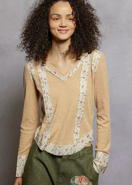 POL Floral Patch V-Neck Long Sleeve Ribbed Top - Sleekdenim.com