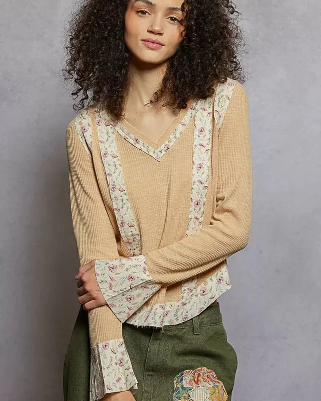 POL Floral Patch V-Neck Long Sleeve Ribbed Top - Sleekdenim.com