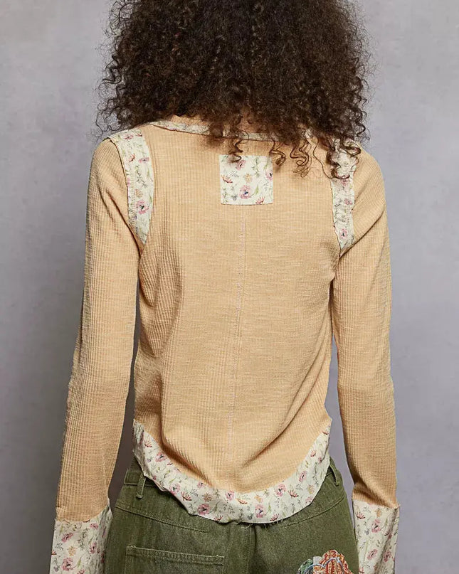 POL Floral Patch V-Neck Long Sleeve Ribbed Top - Sleekdenim.com