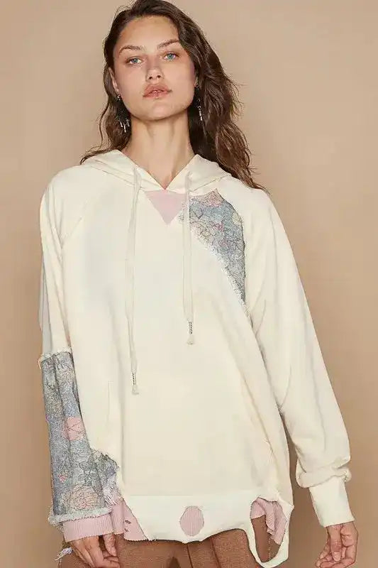 POL Floral Patchwork Distressed Drawstring Hoodie - Sleekdenim.com