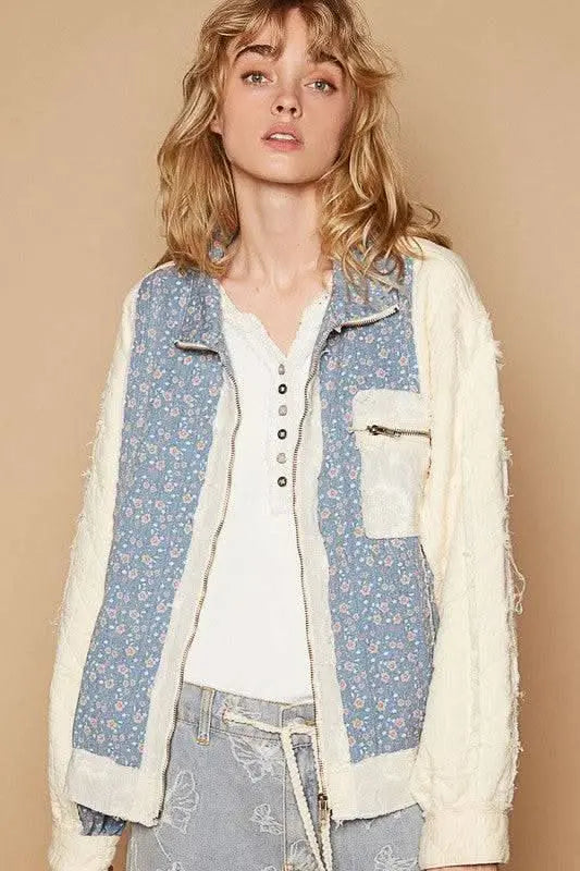 POL Floral Patchwork Zip Up Long Sleeve Jacket - Sleekdenim.com