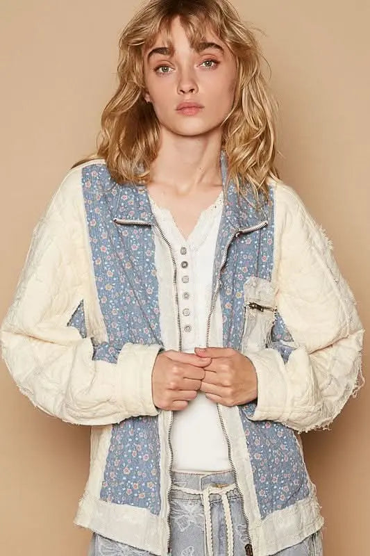 POL Floral Patchwork Zip Up Long Sleeve Jacket - Sleekdenim.com