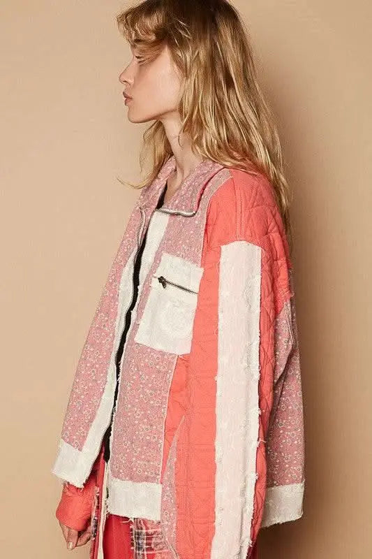 POL Floral Patchwork Zip Up Long Sleeve Jacket - Sleekdenim.com