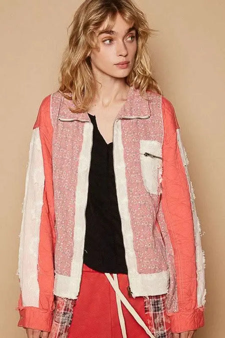 POL Floral Patchwork Zip Up Long Sleeve Jacket - Sleekdenim.com