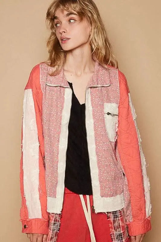 POL Floral Patchwork Zip Up Long Sleeve Jacket - Sleekdenim.com