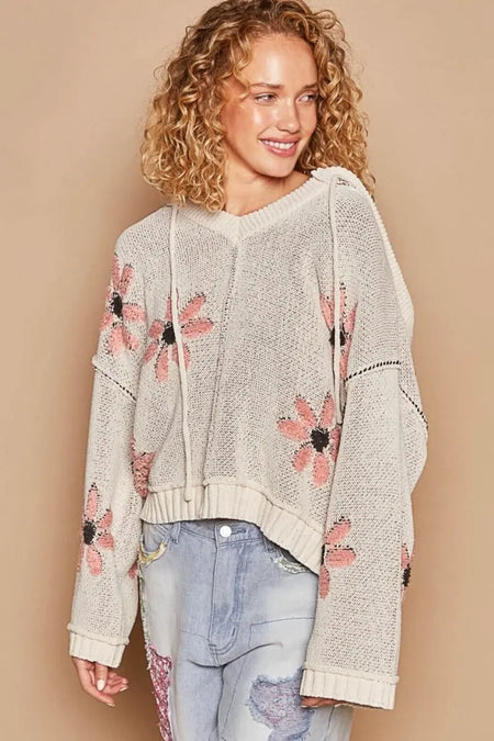 POL Floral Pattern Hooded High - Low Sweater - Sleekdenim.com