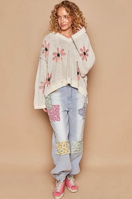 POL Floral Pattern Hooded High - Low Sweater - Sleekdenim.com