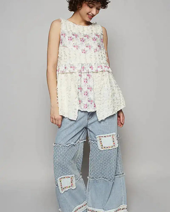 POL Floral Textured Round Neck Sleeveless Top - Sleekdenim.com