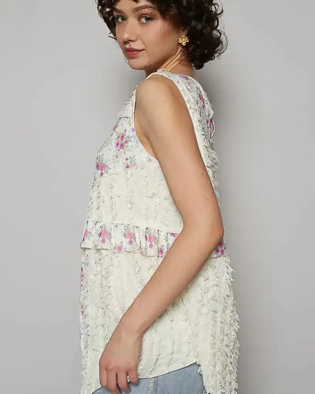 POL Floral Textured Round Neck Sleeveless Top - Sleekdenim.com