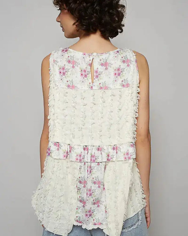 POL Floral Textured Round Neck Sleeveless Top - Sleekdenim.com