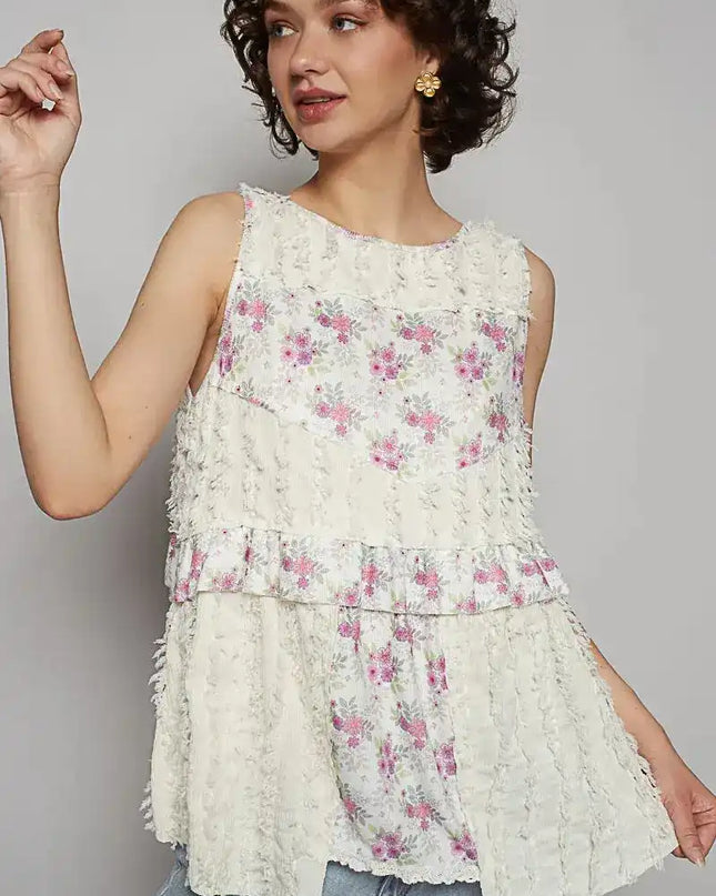 POL Floral Textured Round Neck Sleeveless Top - Sleekdenim.com