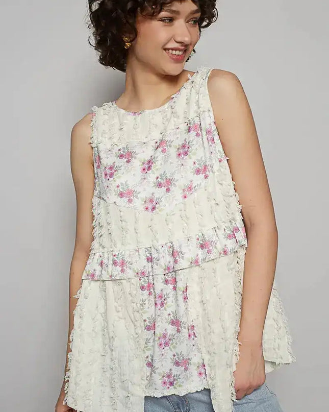 POL Floral Textured Round Neck Sleeveless Top - Sleekdenim.com