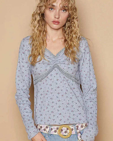 POL Floral V-Neck Long Sleeve T-Shirt - Sleekdenim.com