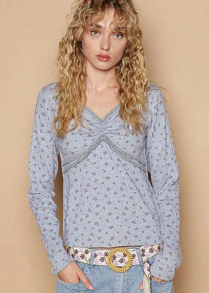 POL Floral V-Neck Long Sleeve T-Shirt - Sleekdenim.com
