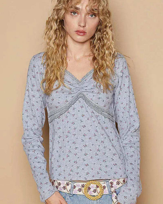 POL Floral V-Neck Long Sleeve T-Shirt - Sleekdenim.com