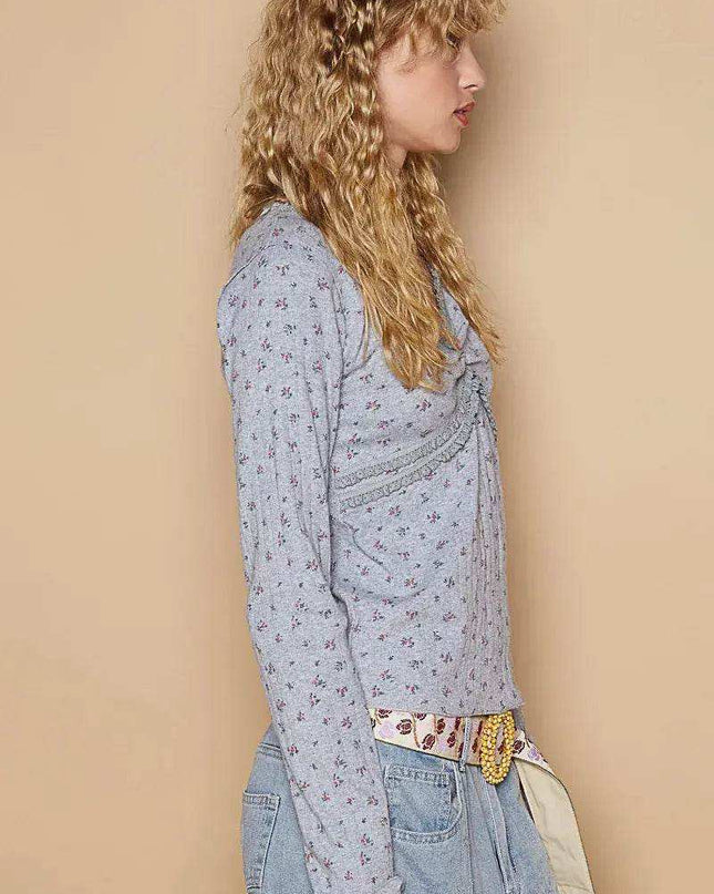 POL Floral V-Neck Long Sleeve T-Shirt - Sleekdenim.com