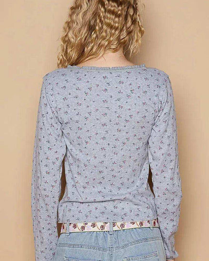 POL Floral V-Neck Long Sleeve T-Shirt - Sleekdenim.com