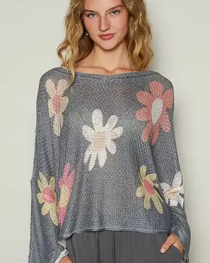 POL Flower Dropped Shoulder Long Sleeve Knit Top - Sleekdenim.com