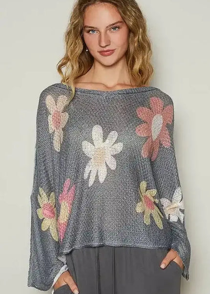 POL Flower Dropped Shoulder Long Sleeve Knit Top - Sleekdenim.com