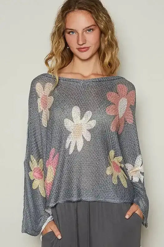 POL Flower Dropped Shoulder Long Sleeve Knit Top - Sleekdenim.com