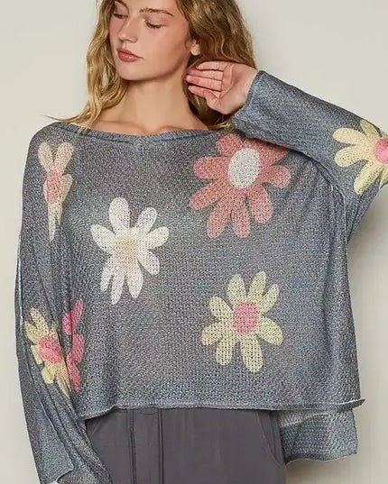 POL Flower Dropped Shoulder Long Sleeve Knit Top - Sleekdenim.com