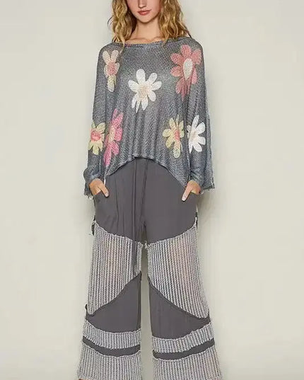 POL Flower Dropped Shoulder Long Sleeve Knit Top - Sleekdenim.com