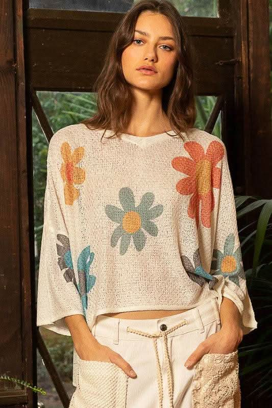 POL Flower Dropped Shoulder Long Sleeve Knit Top - Sleekdenim.com