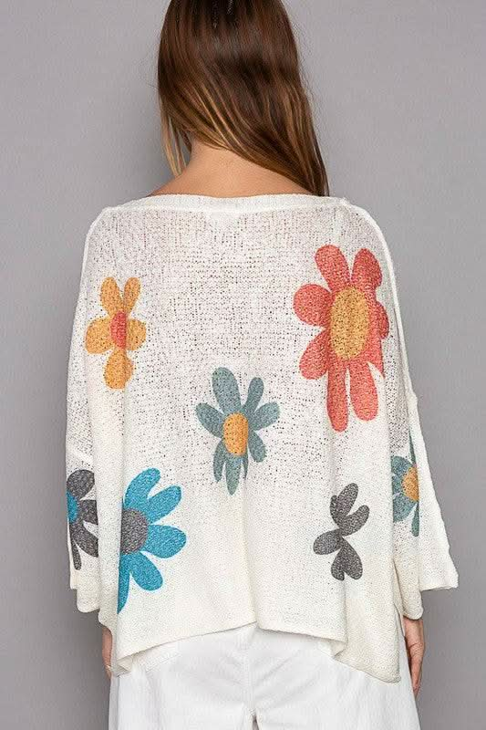 POL Flower Dropped Shoulder Long Sleeve Knit Top - Sleekdenim.com