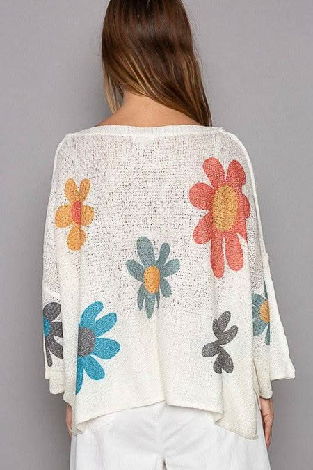 POL Flower Dropped Shoulder Long Sleeve Knit Top - Sleekdenim.com