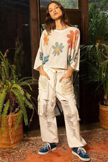 POL Flower Dropped Shoulder Long Sleeve Knit Top - Sleekdenim.com