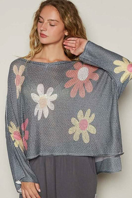 POL Flower Dropped Shoulder Long Sleeve Knit Top - Sleekdenim.com