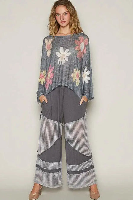 POL Flower Dropped Shoulder Long Sleeve Knit Top - Sleekdenim.com