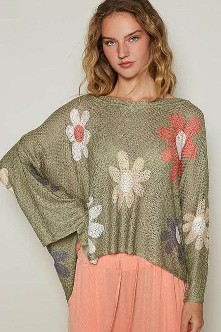 POL Flower Dropped Shoulder Long Sleeve Knit Top - Sleekdenim.com