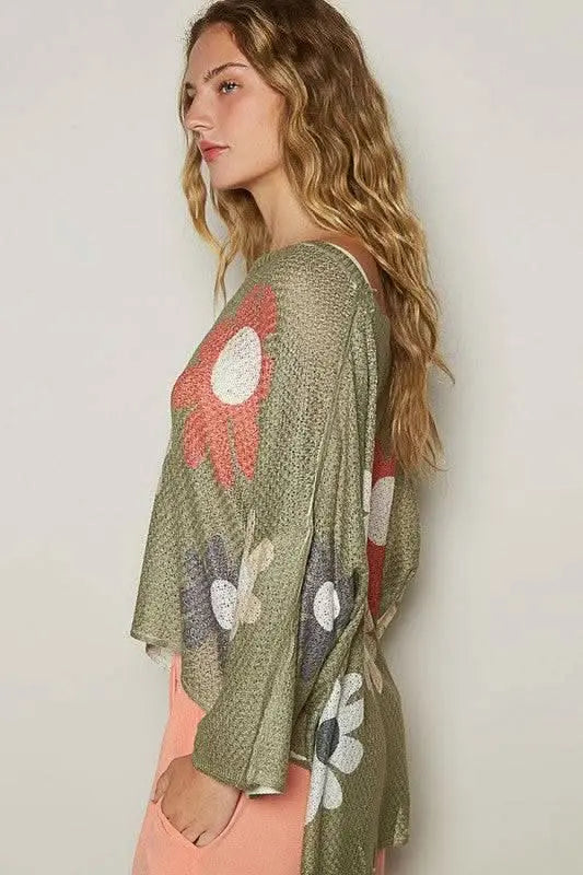 POL Flower Dropped Shoulder Long Sleeve Knit Top - Sleekdenim.com